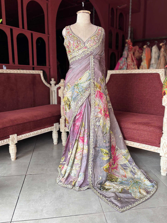 Mauve Floral Embroidered Saree with Embellished Blouse