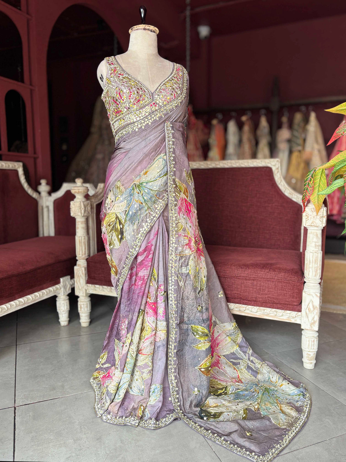 Mauve Floral Embroidered Saree with Embellished Blouse