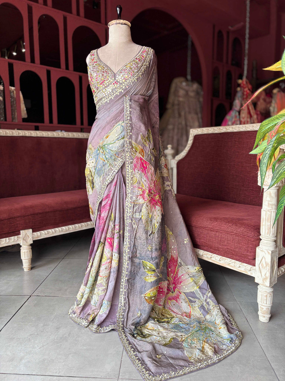 Mauve Floral Embroidered Saree with Embellished Blouse