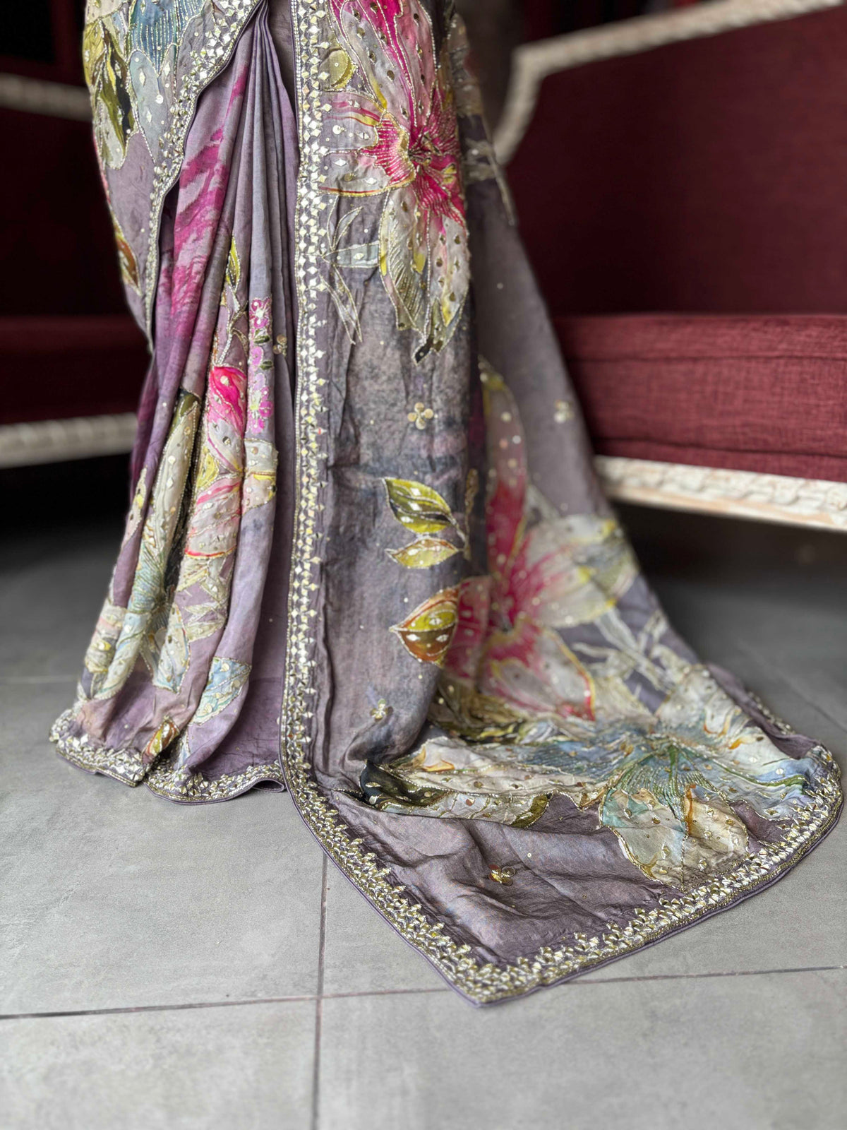 Mauve Floral Embroidered Saree with Embellished Blouse