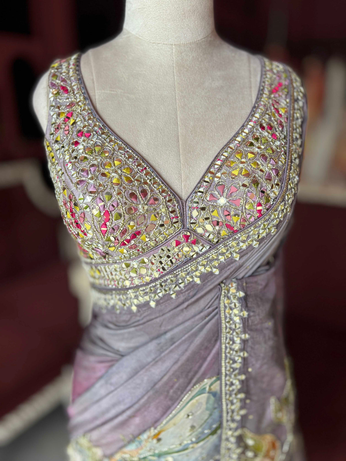 Mauve Floral Embroidered Saree with Embellished Blouse