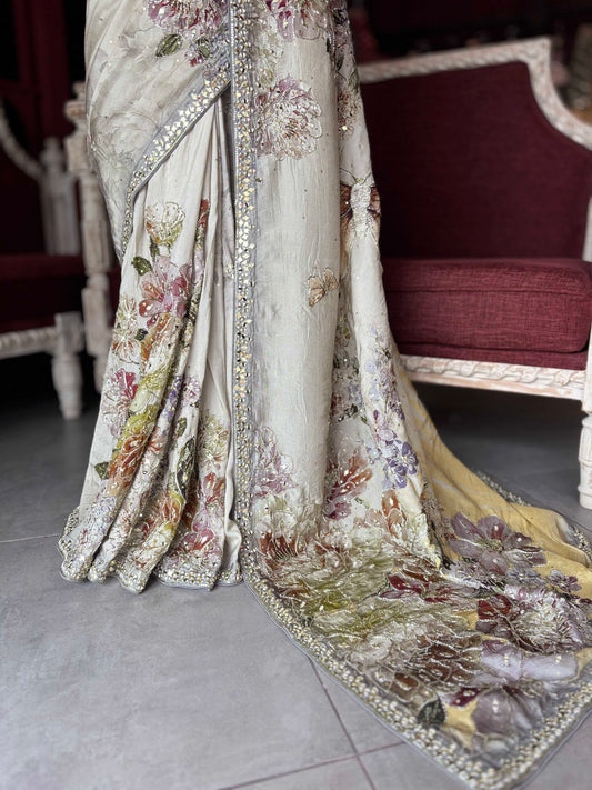 Ivory Floral Embroidered Saree with Embellished Designer Blouse