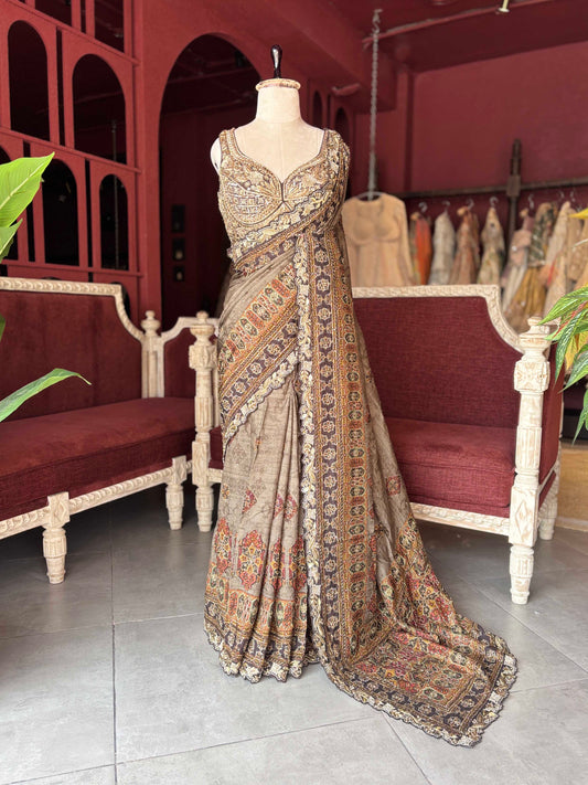 Taupe Brown Printed Saree with Embellished Designer Blouse
