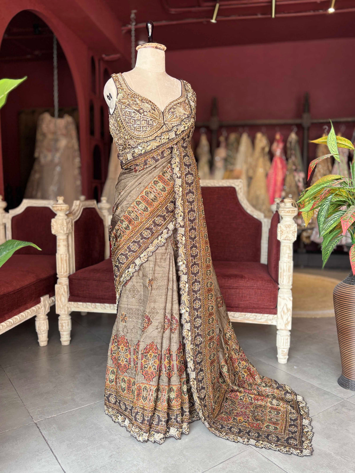 Taupe Brown Printed Saree with Embellished Designer Blouse