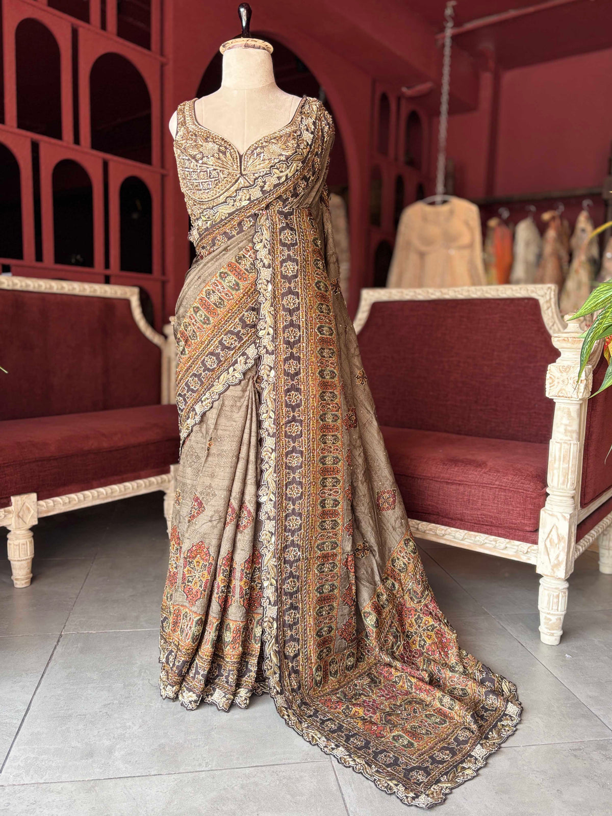 Taupe Brown Printed Saree with Embellished Designer Blouse