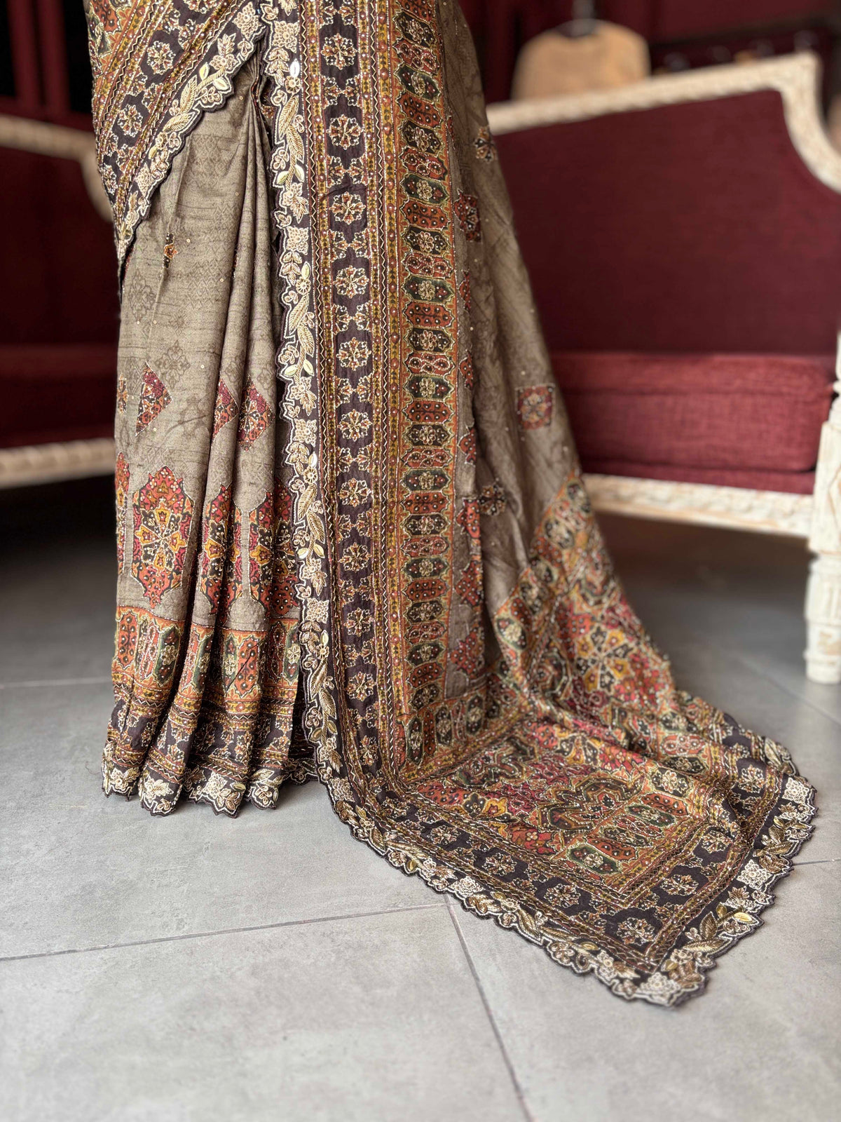 Taupe Brown Printed Saree with Embellished Designer Blouse