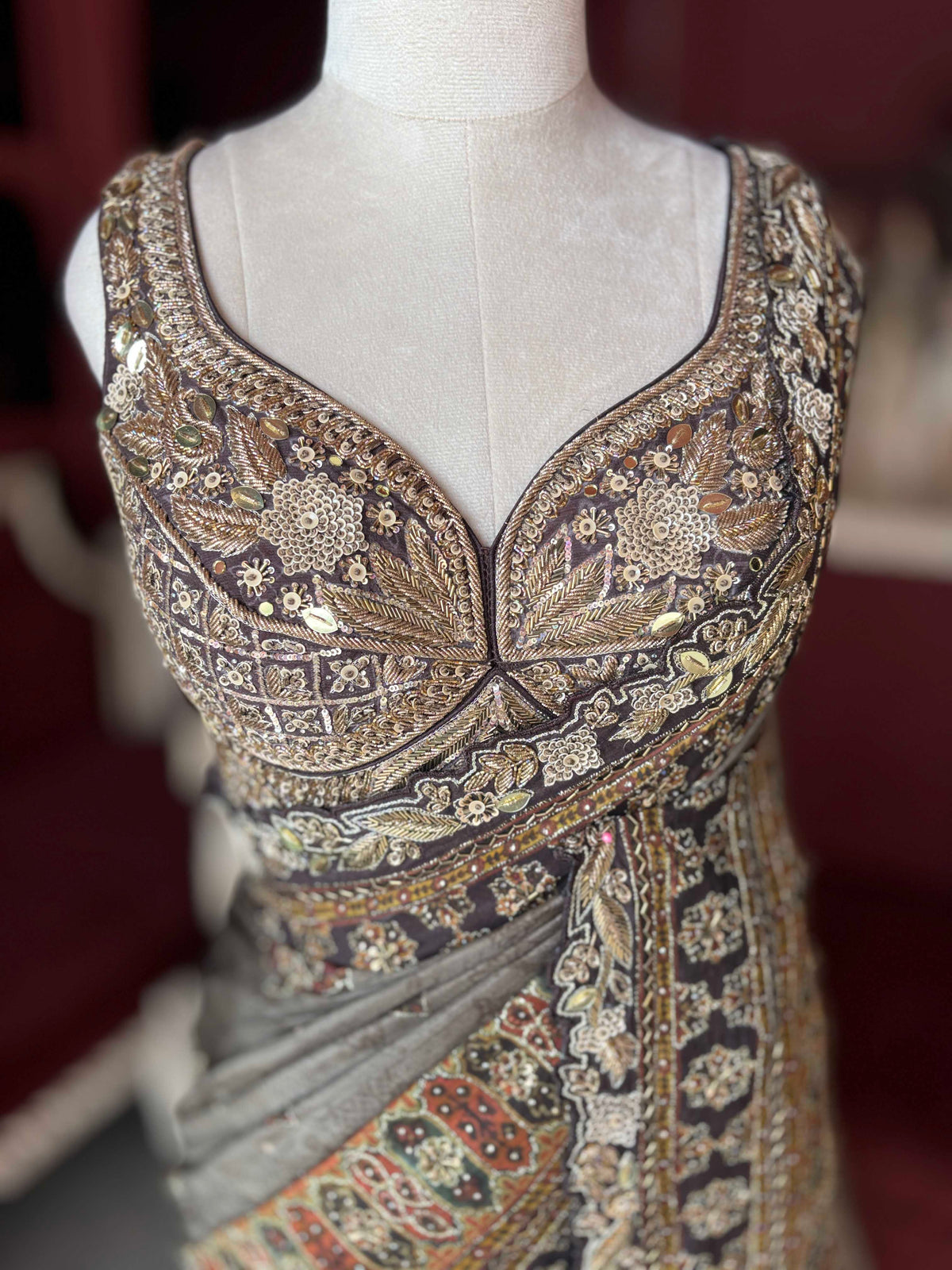 Taupe Brown Printed Saree with Embellished Designer Blouse
