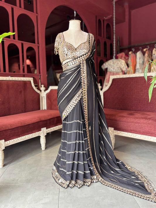 Black Mirror Work Saree with Embellished Designer Blouse
