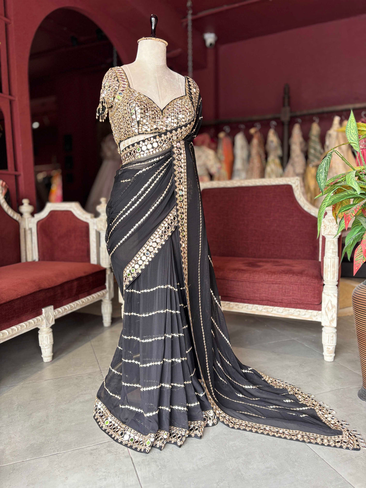 Black Mirror Work Saree with Embellished Designer Blouse