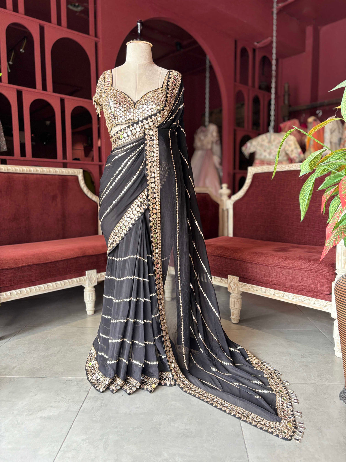 Black Mirror Work Saree with Embellished Designer Blouse