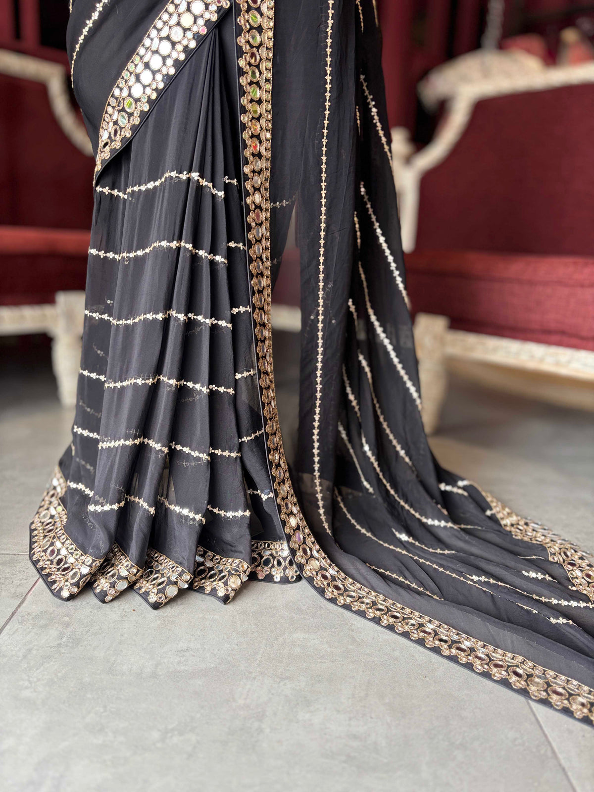 Black Mirror Work Saree with Embellished Designer Blouse