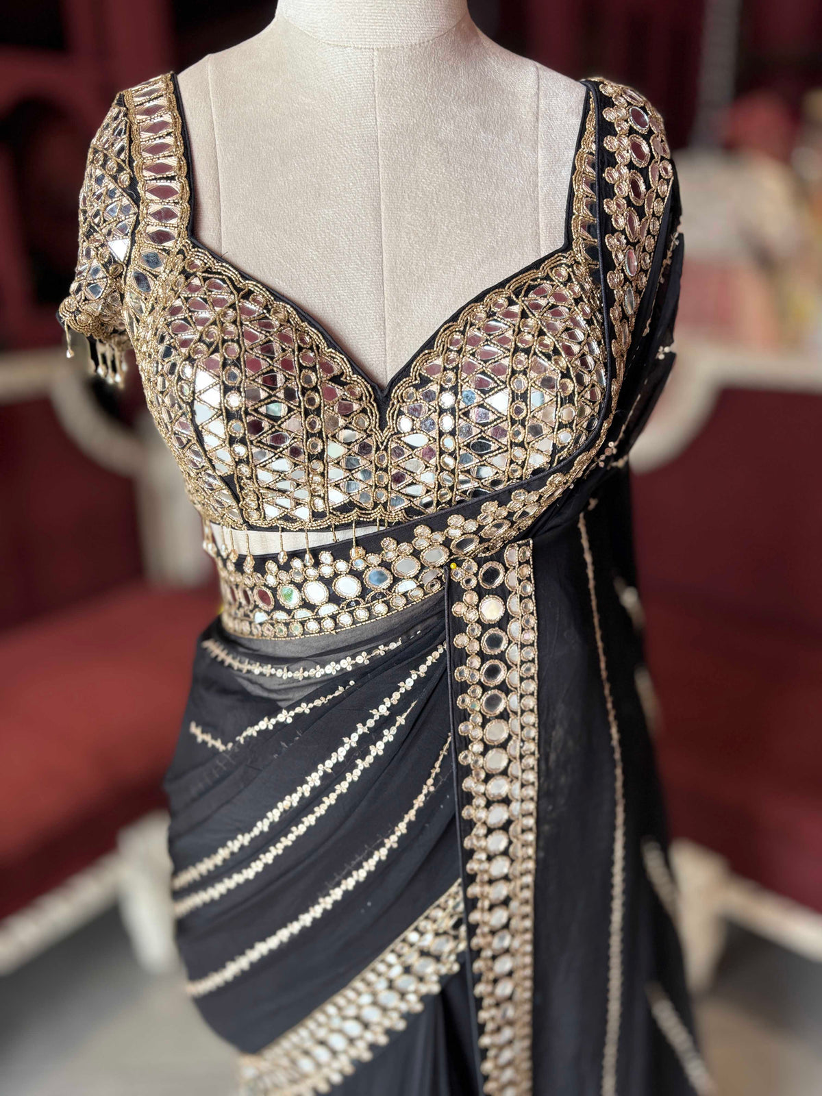 Black Mirror Work Saree with Embellished Designer Blouse