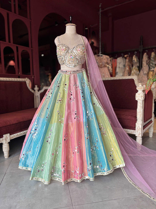 Pastel Multicolor Mirror Work Lehenga with Pink Dupatta