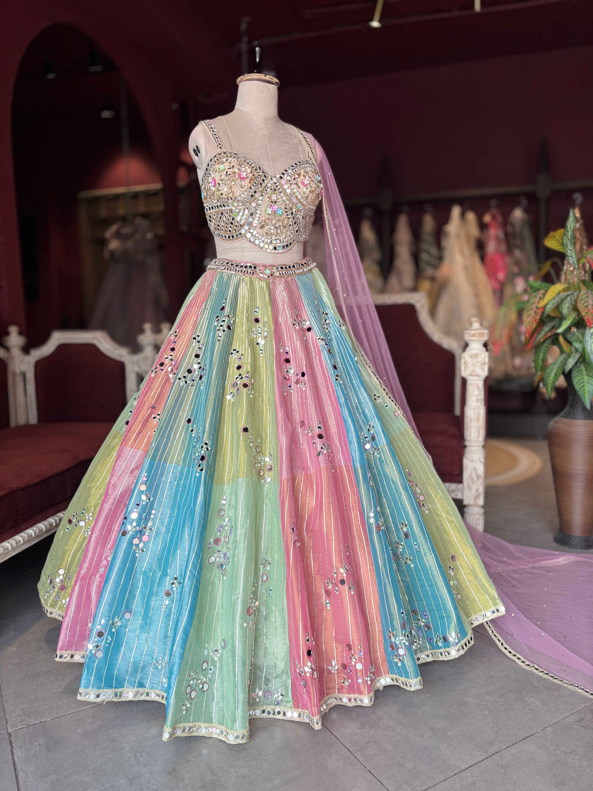 Pastel Multicolor Mirror Work Lehenga with Pink Dupatta