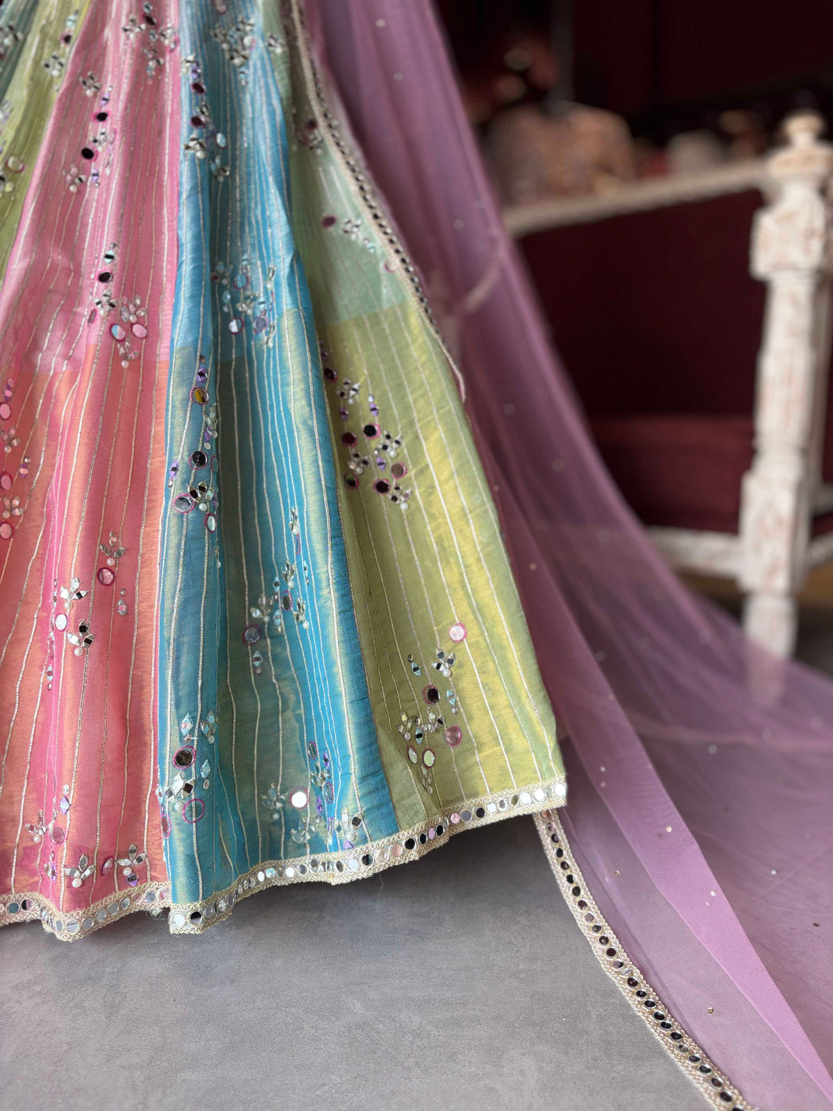 Pastel Multicolor Mirror Work Lehenga with Pink Dupatta