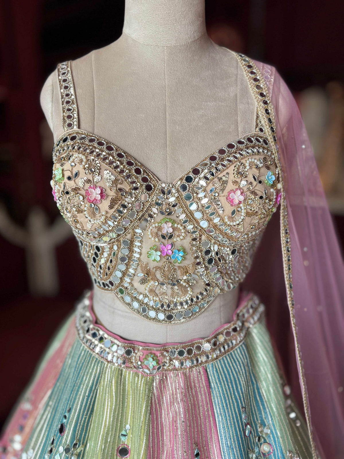 Pastel Multicolor Mirror Work Lehenga with Pink Dupatta