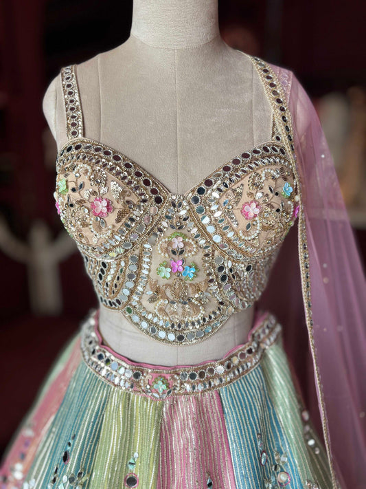 Pastel Multicolor Mirror Work Lehenga with Pink Dupatta