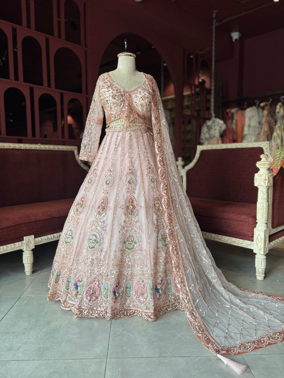 Blush Pink Embroidered Lehenga with Embellished Net Dupatta