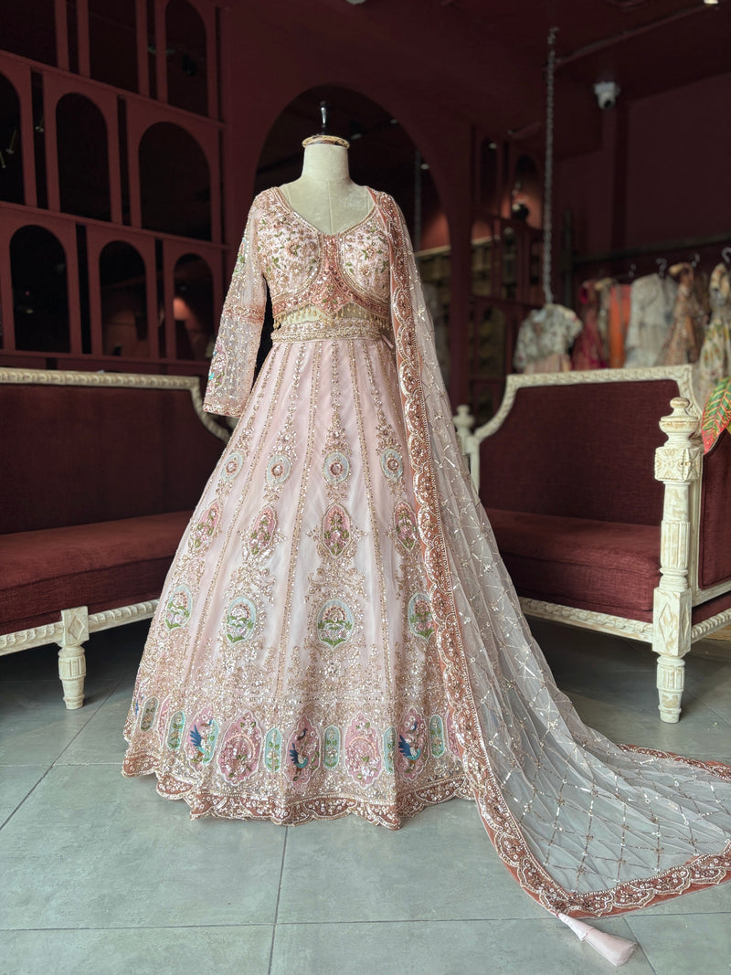 Blush Pink Embroidered Lehenga with Embellished Net Dupatta