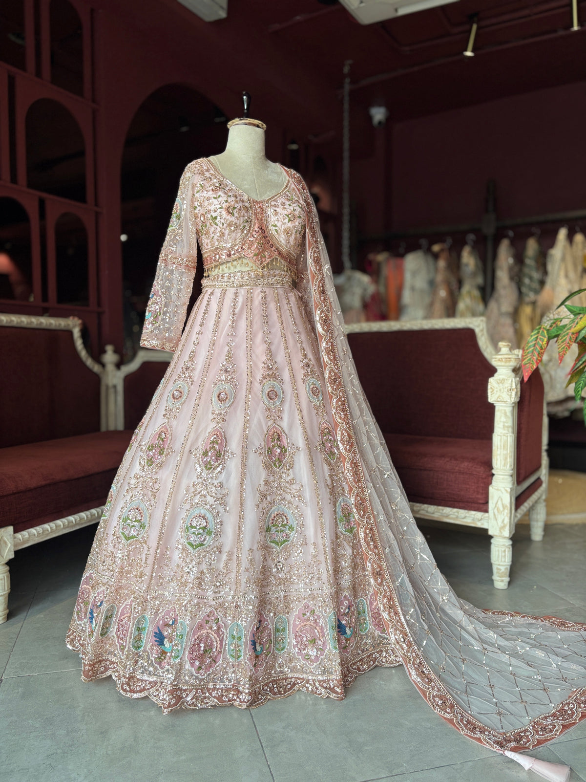 Blush Pink Embroidered Lehenga with Embellished Net Dupatta