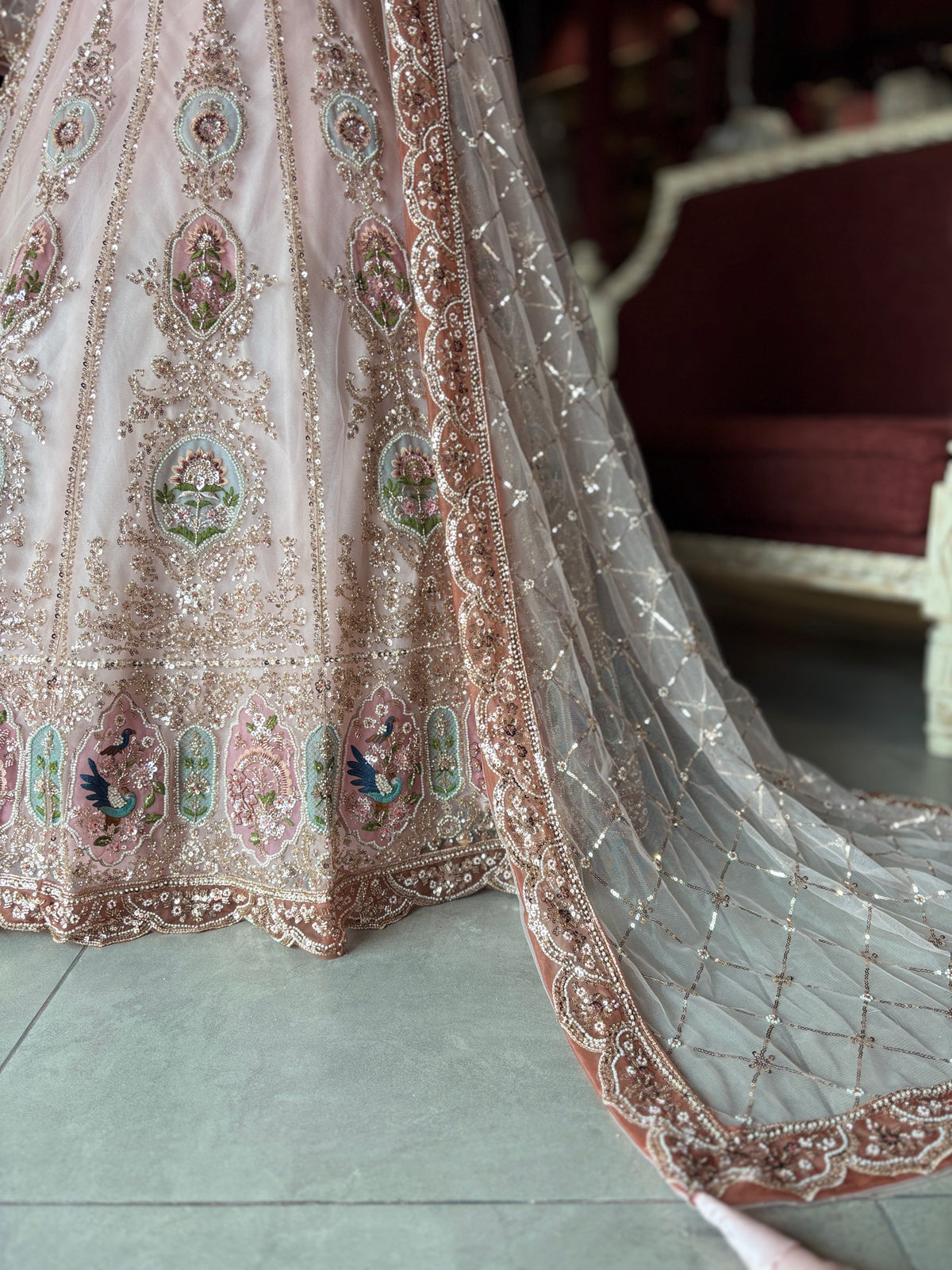 Blush Pink Embroidered Lehenga with Embellished Net Dupatta