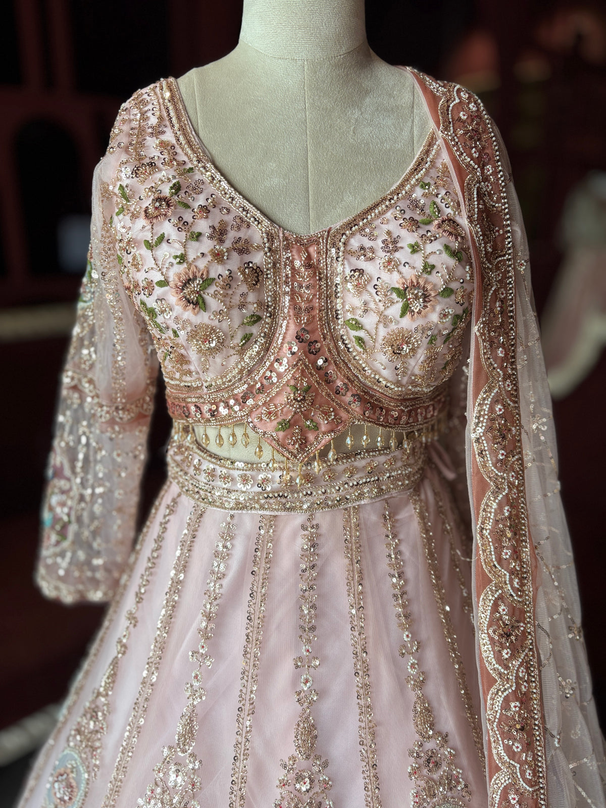 Blush Pink Embroidered Lehenga with Embellished Net Dupatta