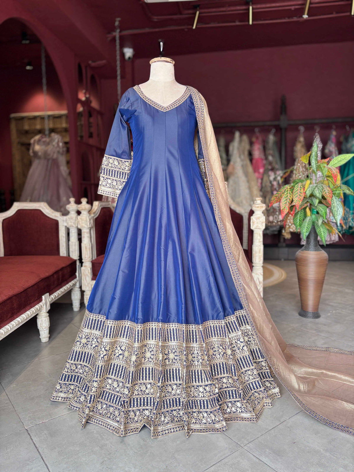 Royal Blue Embroidered Anarkali Gown with Dupatta