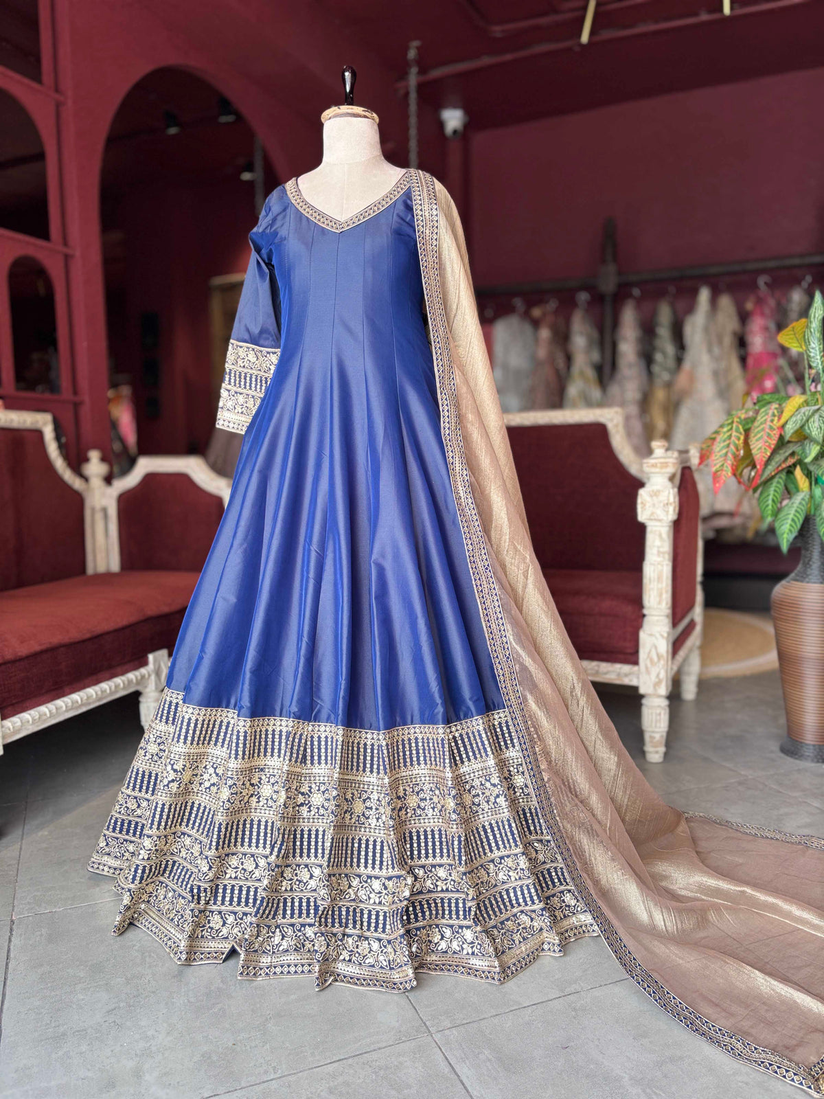 Royal Blue Embroidered Anarkali Gown with Dupatta