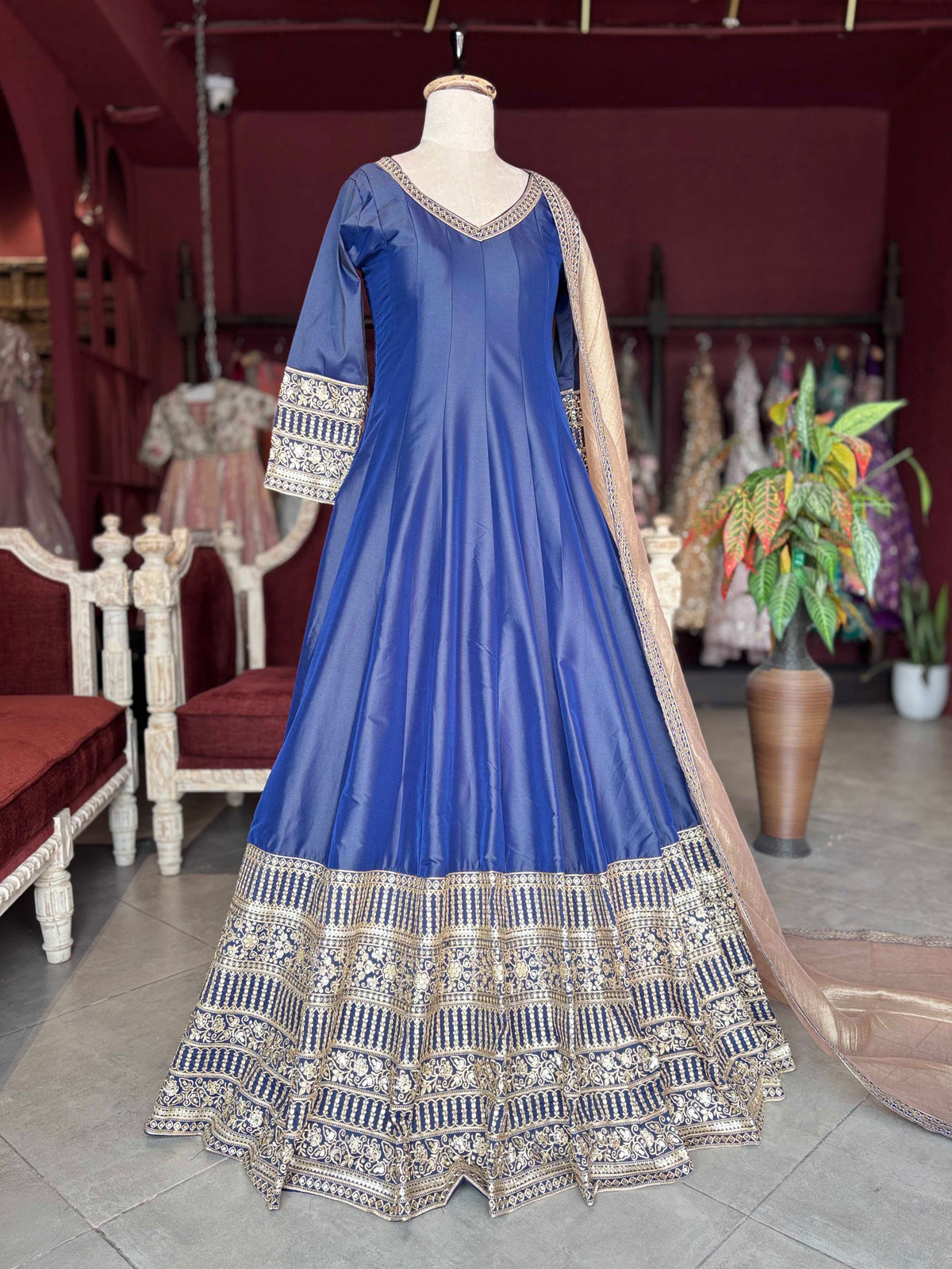 Royal Blue Embroidered Anarkali Gown with Dupatta