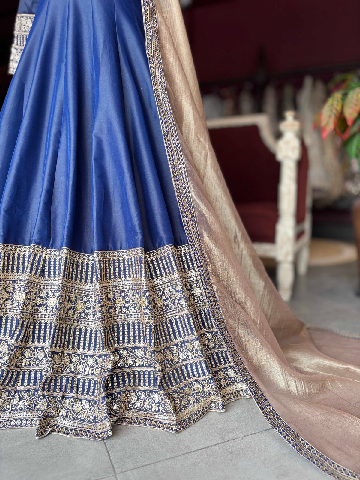 Royal Blue Embroidered Anarkali Gown with Dupatta