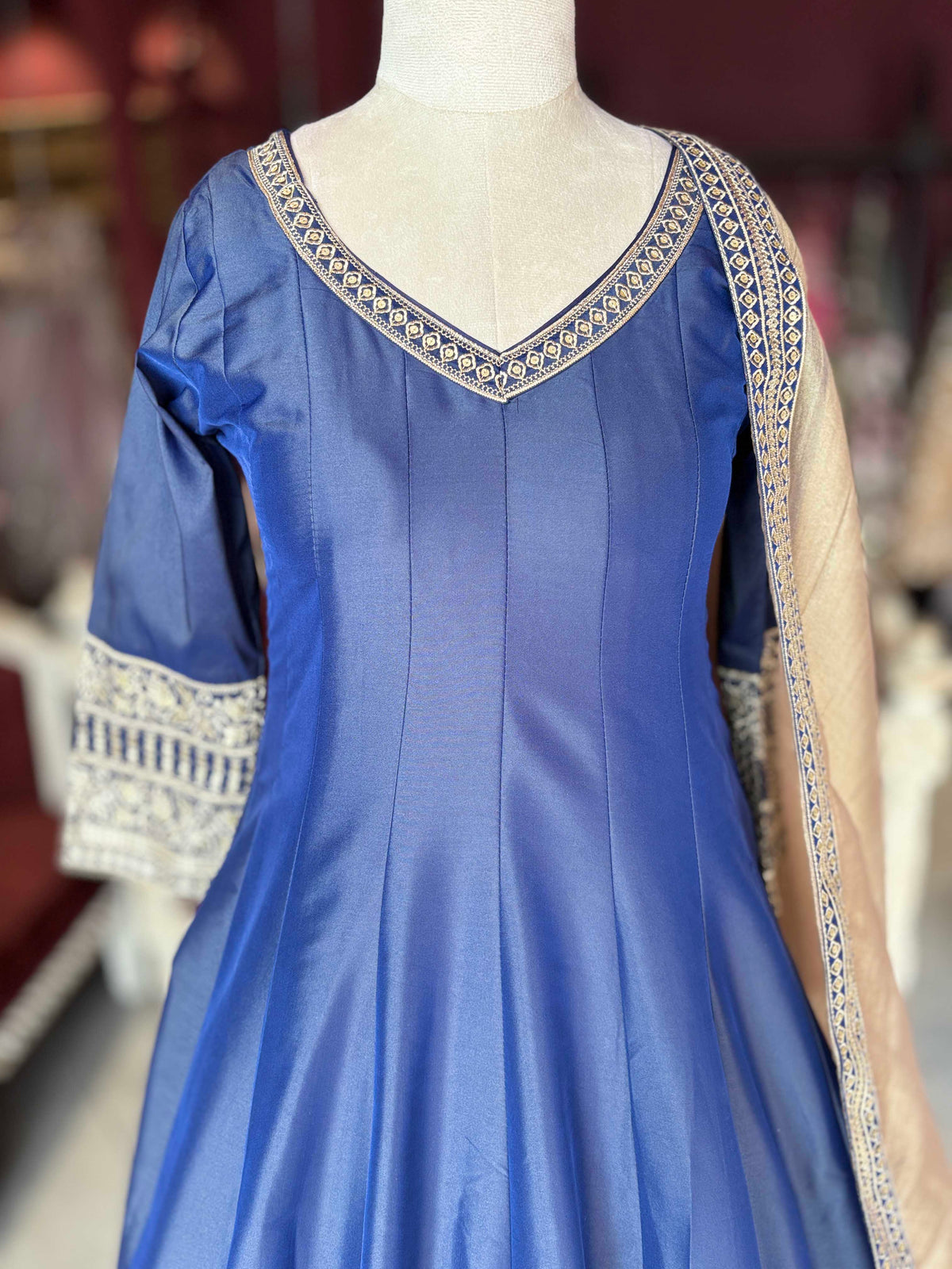Royal Blue Embroidered Anarkali Gown with Dupatta