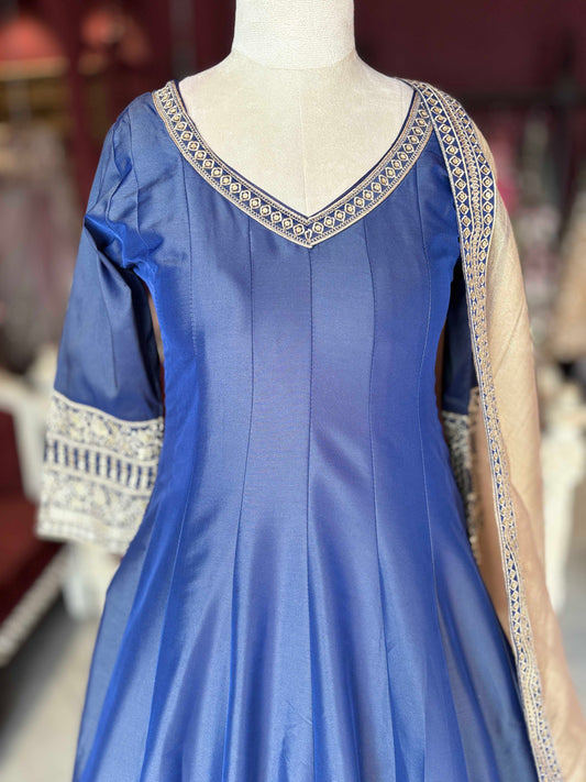 Royal Blue Embroidered Anarkali Gown with Dupatta