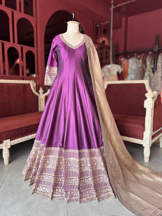 Wine Embroidered Anarkali Gown with Beige Dupatta