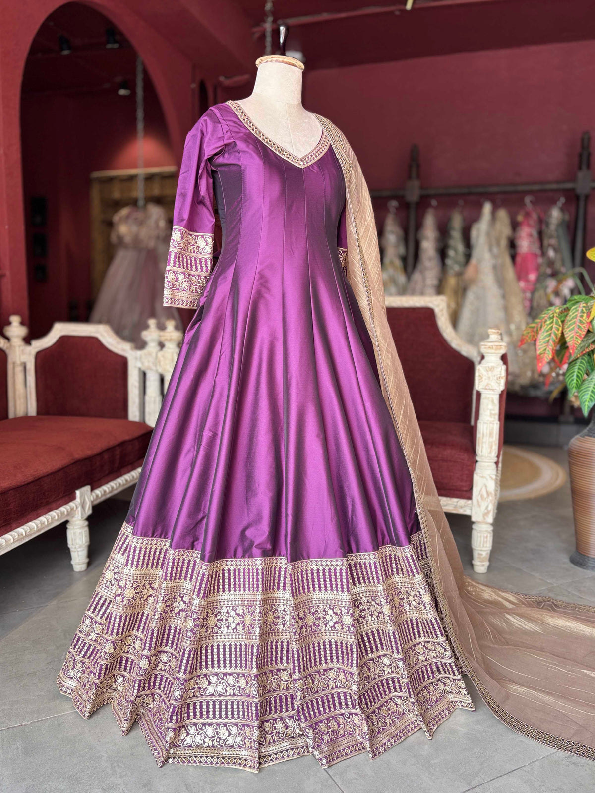 Wine Embroidered Anarkali Gown with Beige Dupatta