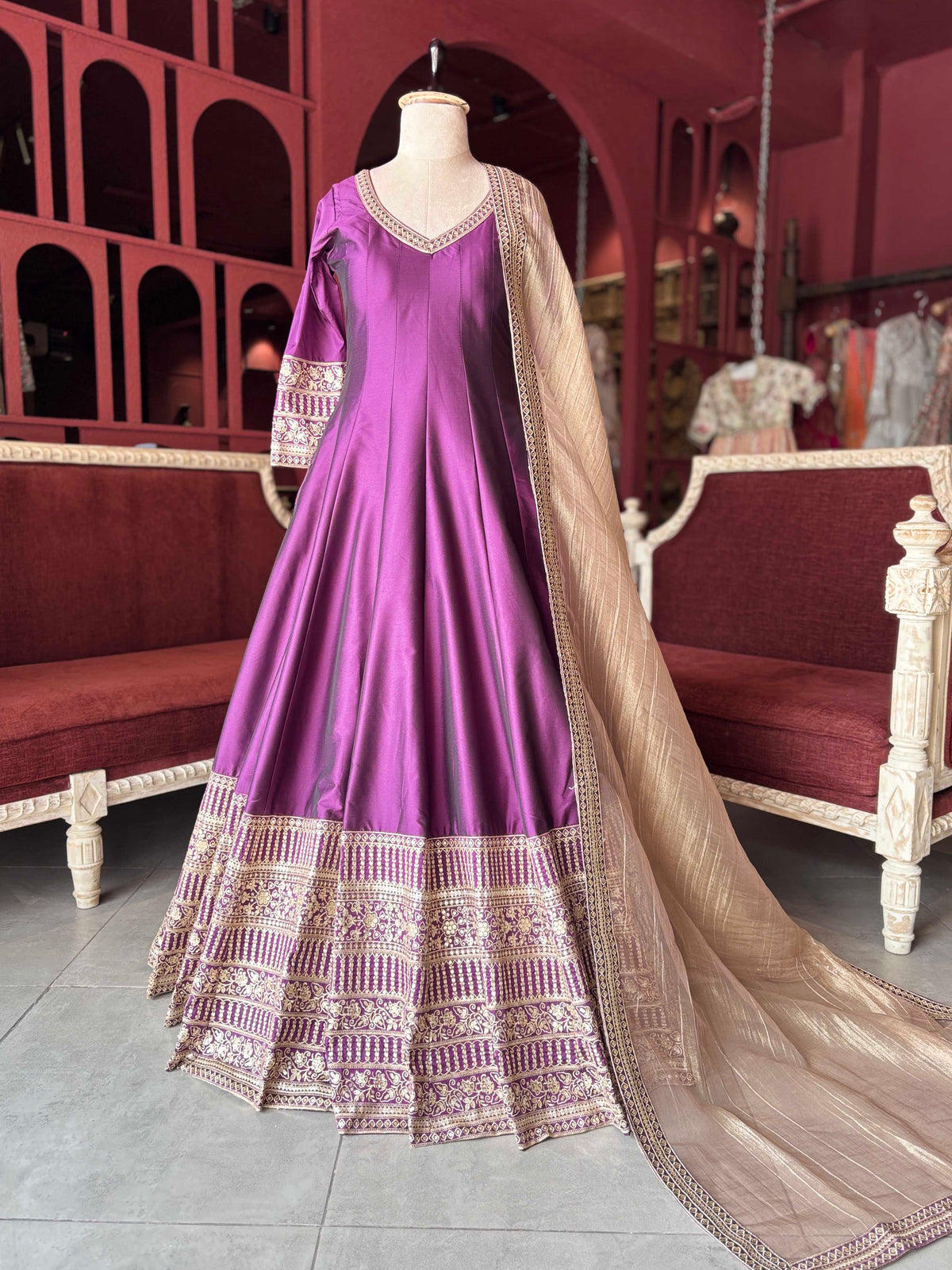Wine Embroidered Anarkali Gown with Beige Dupatta