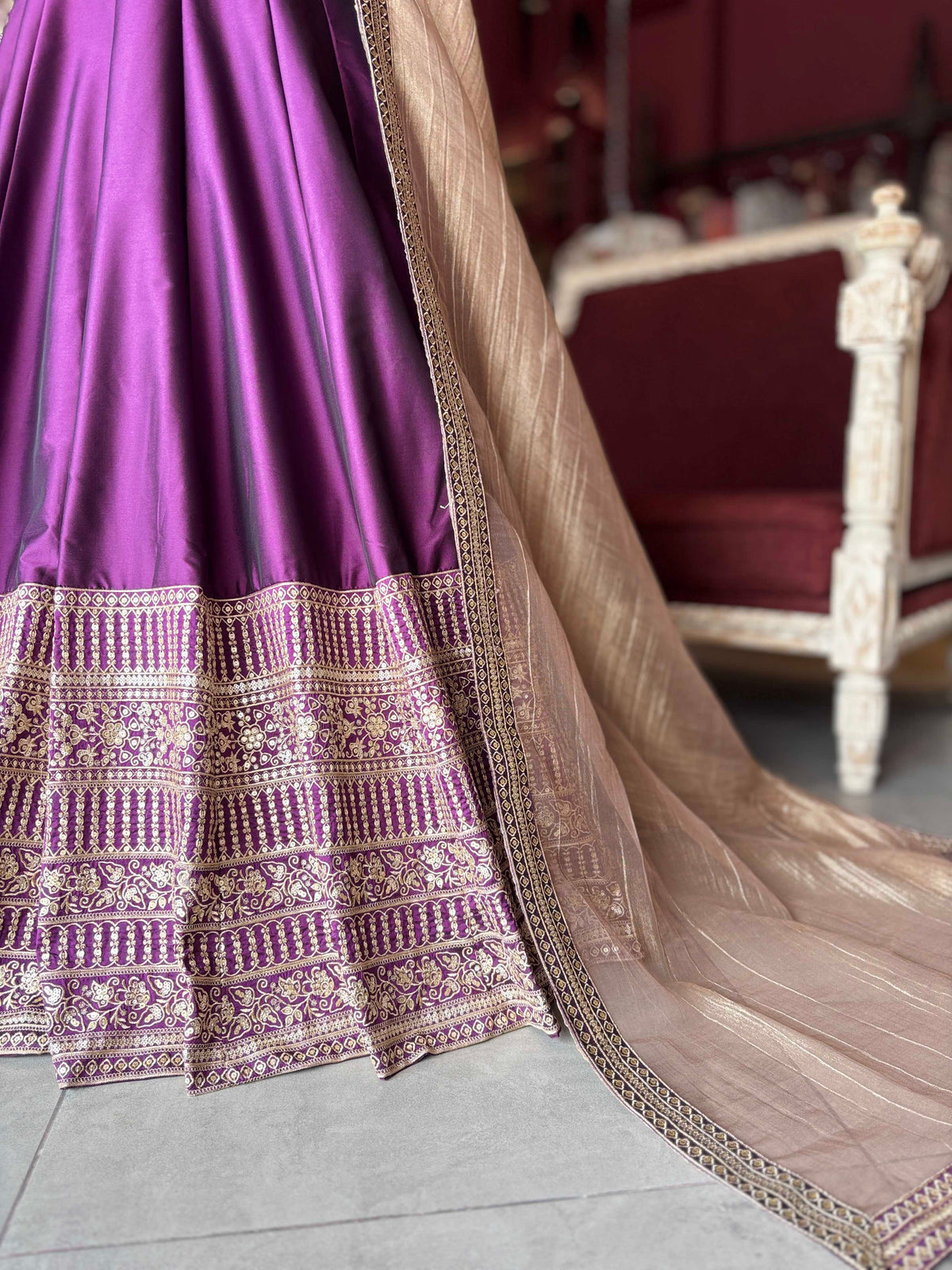 Wine Embroidered Anarkali Gown with Beige Dupatta