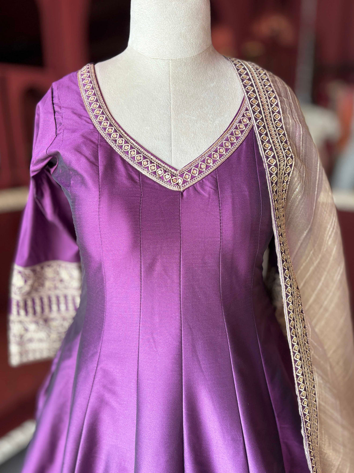 Wine Embroidered Anarkali Gown with Beige Dupatta