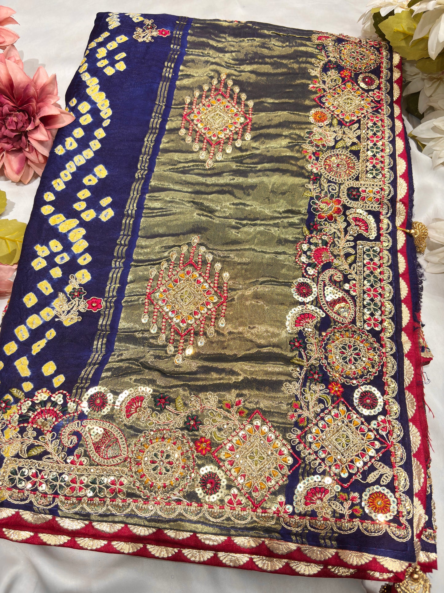 Gajji Silk Blue Colour Saree with Ornate Golden Embroidery