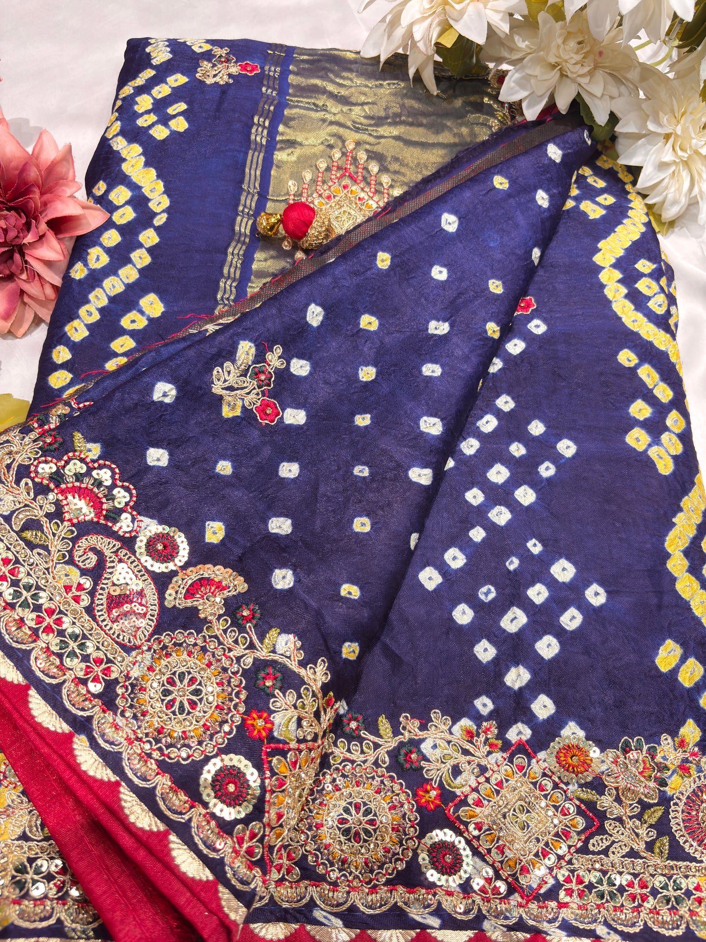 Gajji Silk Blue Colour Saree with Ornate Golden Embroidery