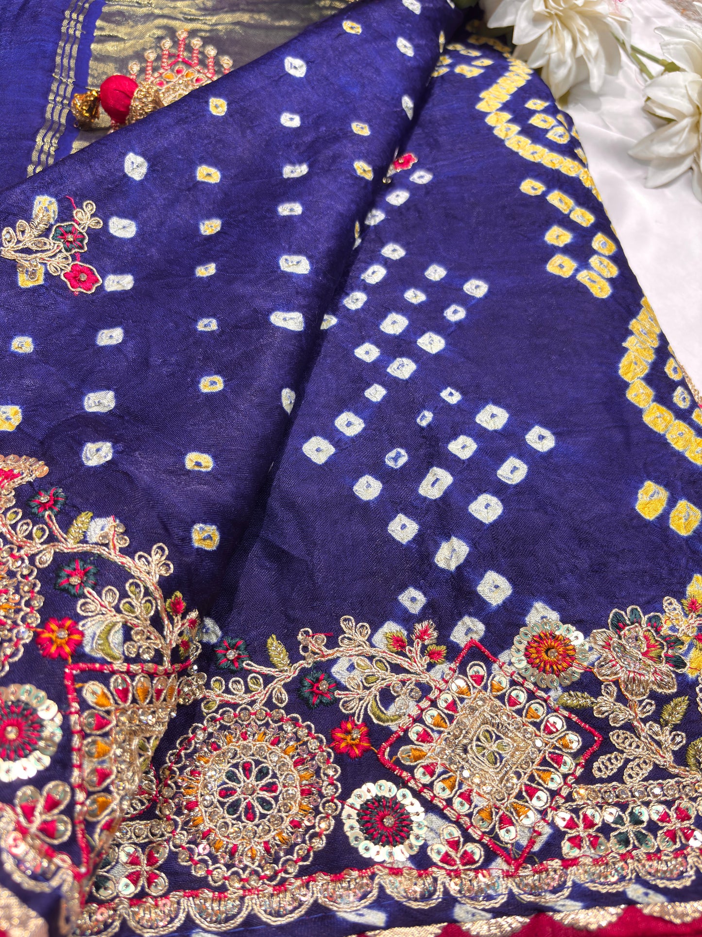 Gajji Silk Blue Colour Saree with Ornate Golden Embroidery