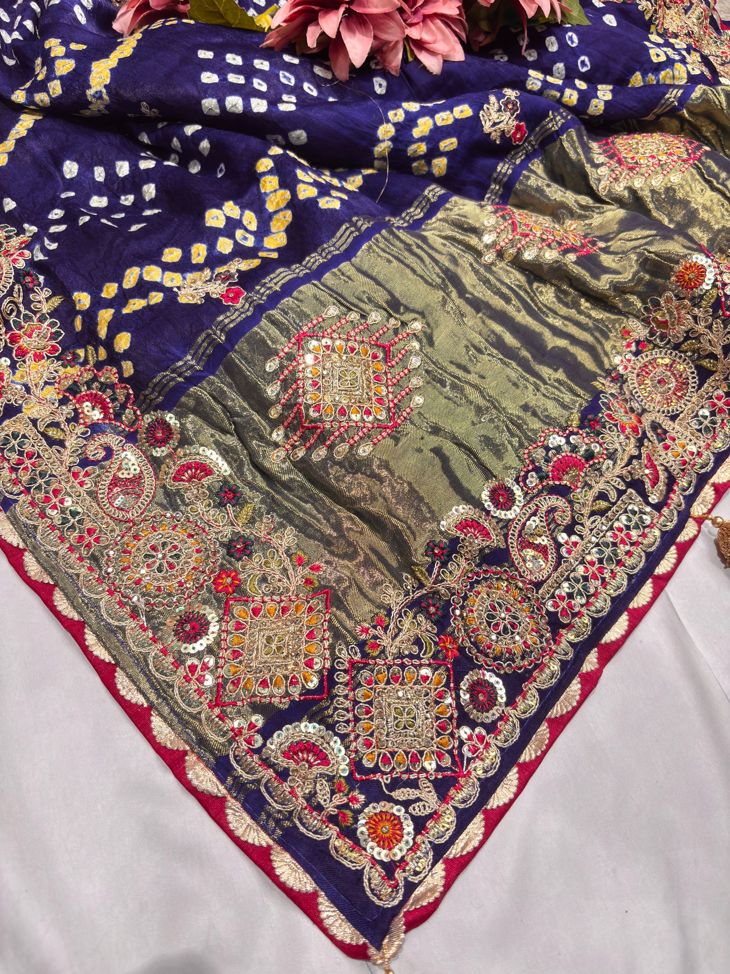 Gajji Silk Blue Colour Saree with Ornate Golden Embroidery