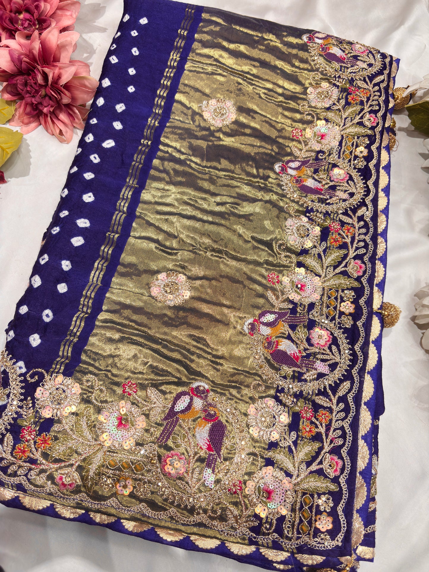 Gajji Silk Royal Blue Saree with Golden Bird Embroidery