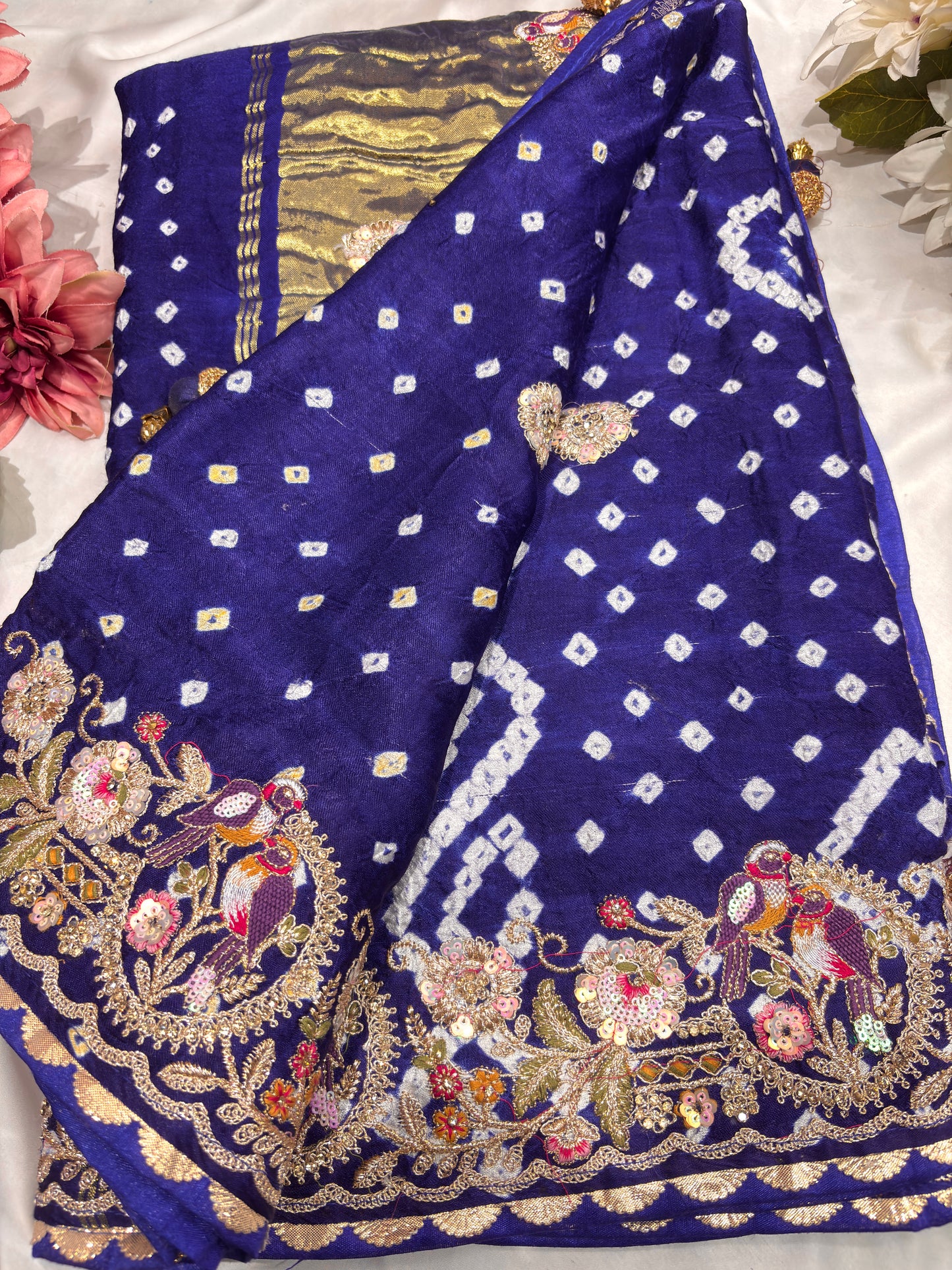 Gajji Silk Royal Blue Saree with Golden Bird Embroidery