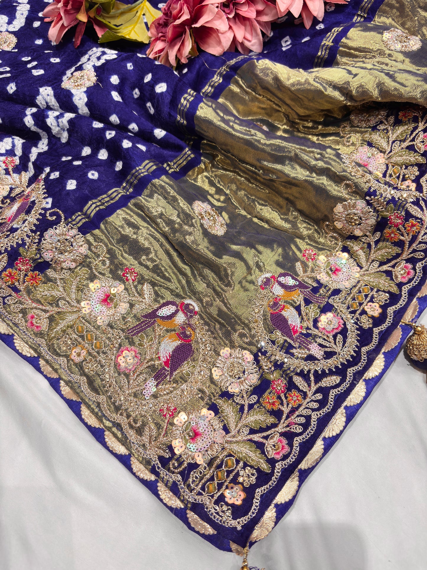 Gajji Silk Royal Blue Saree with Golden Bird Embroidery