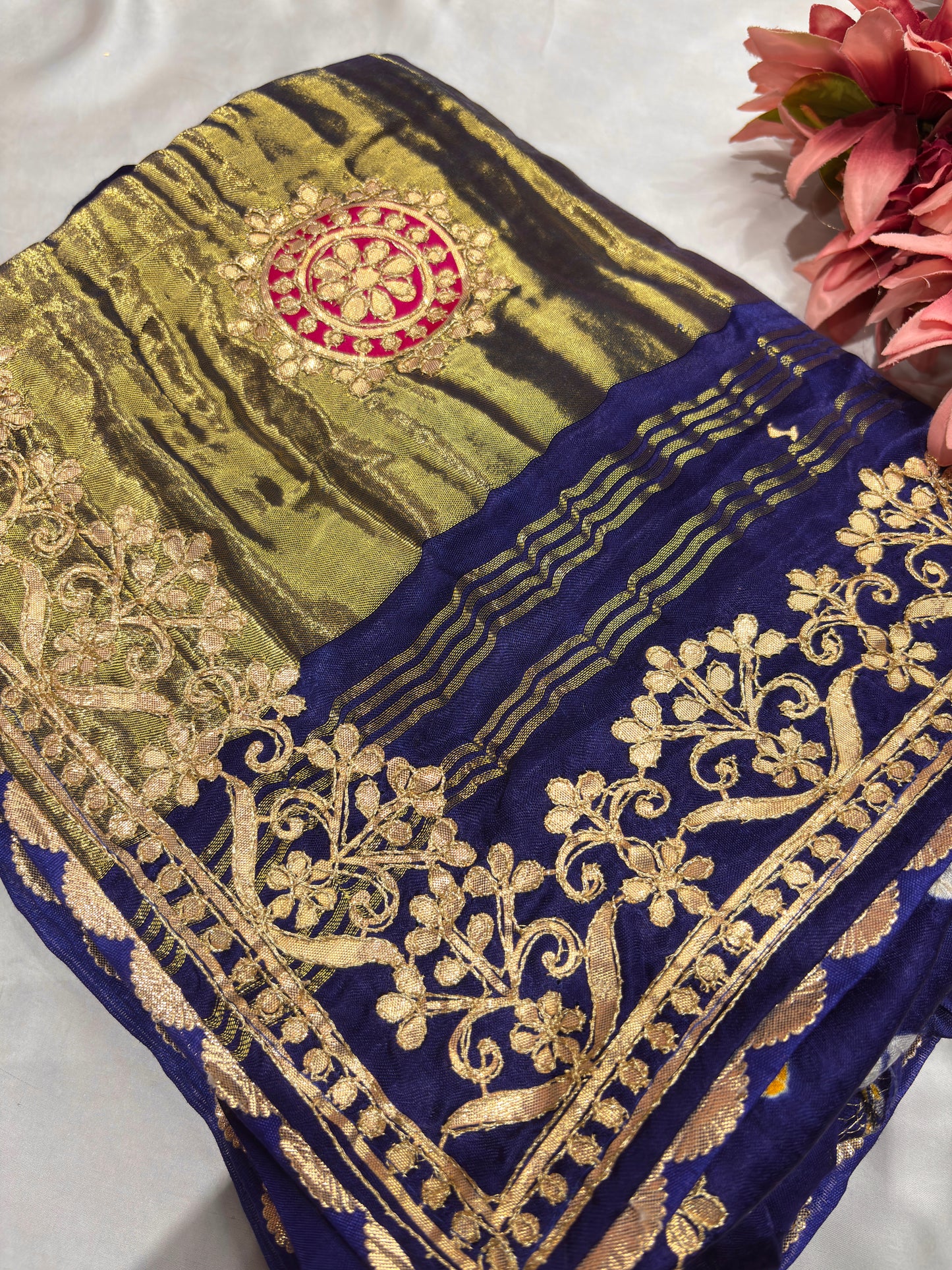Gajji Silk Royal Blue Colour Saree with Ornate Floral Motifs