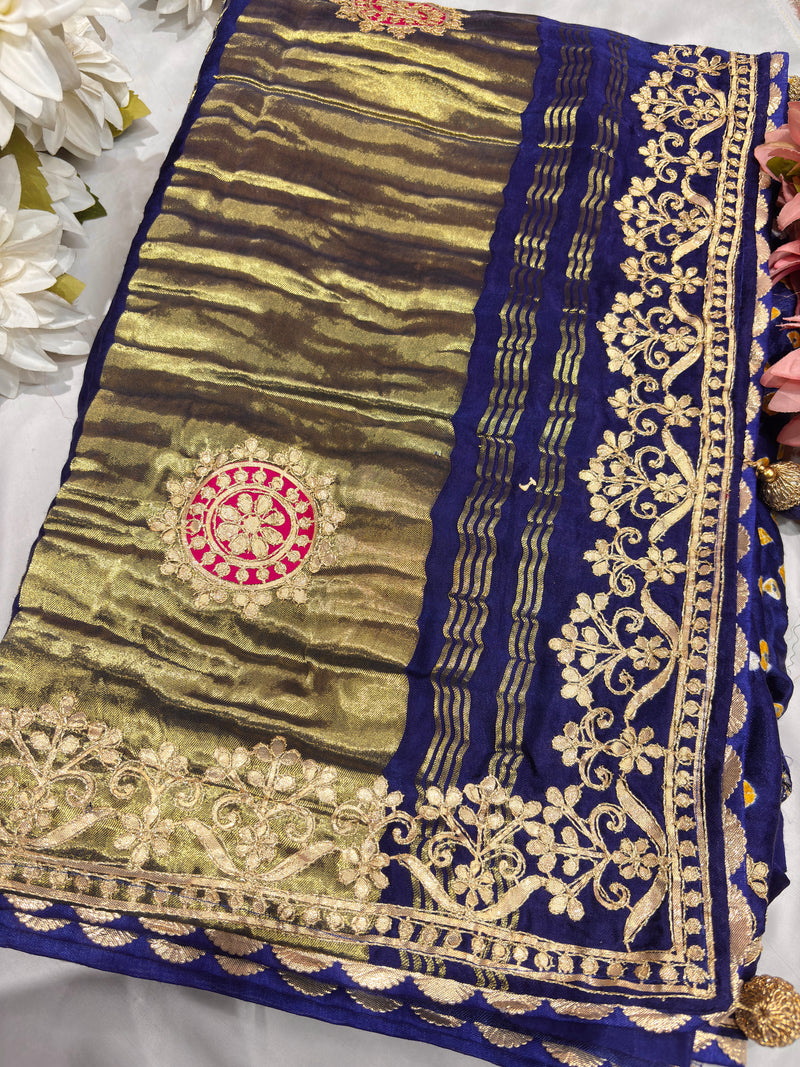 Gajji Silk Royal Blue Colour Saree with Ornate Floral Motifs