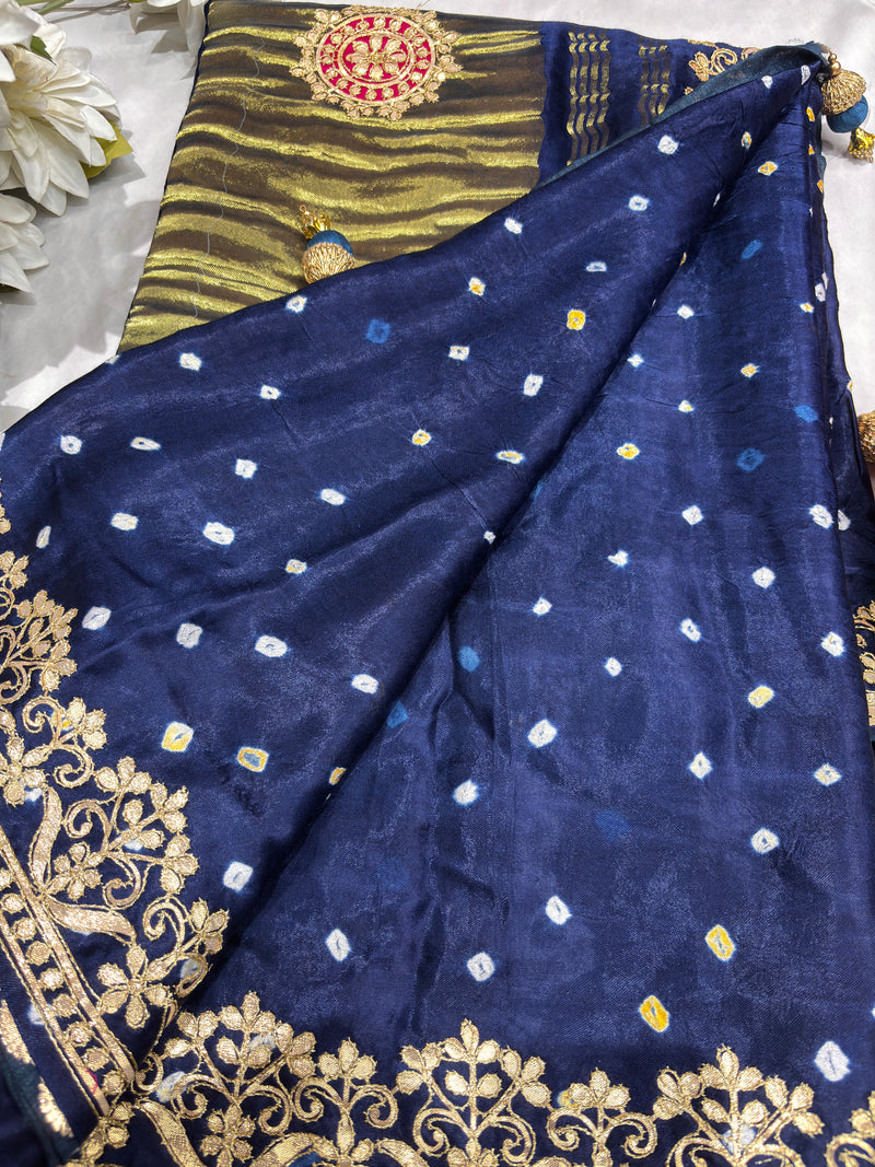 Gajji Silk Designer Saree with Navy Blue Floral Border