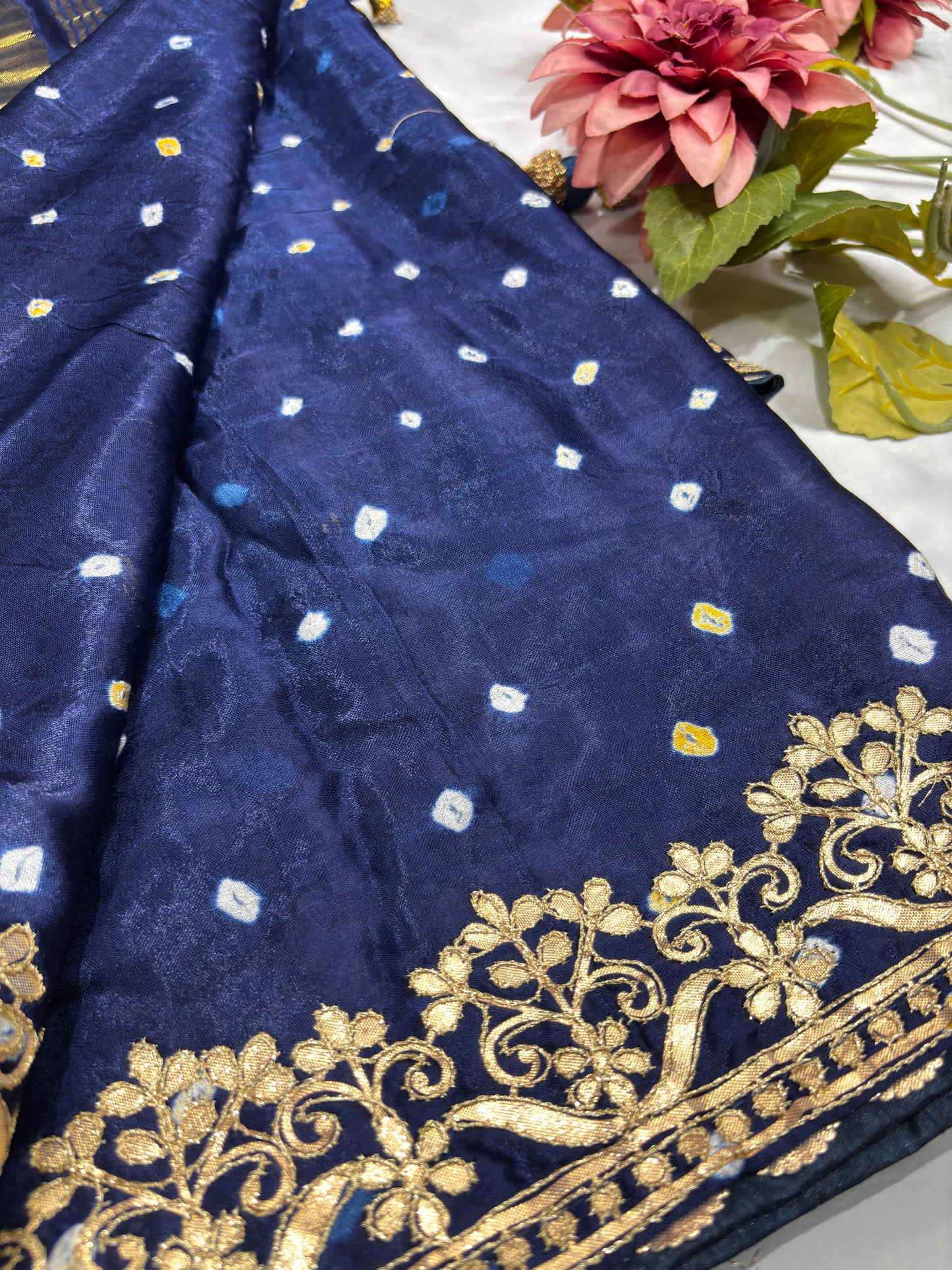 Gajji Silk Designer Saree with Navy Blue Floral Border