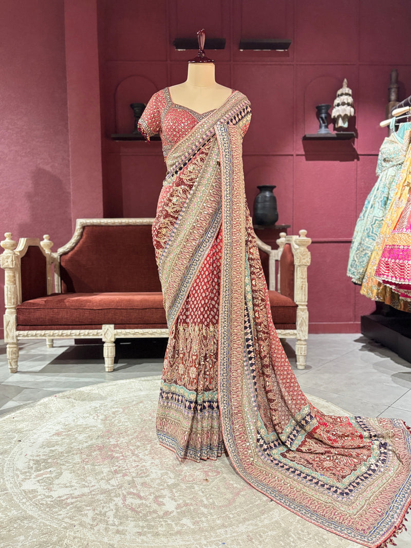 Designer Multi Colour Georgette Saree with Ornate Beadwork
