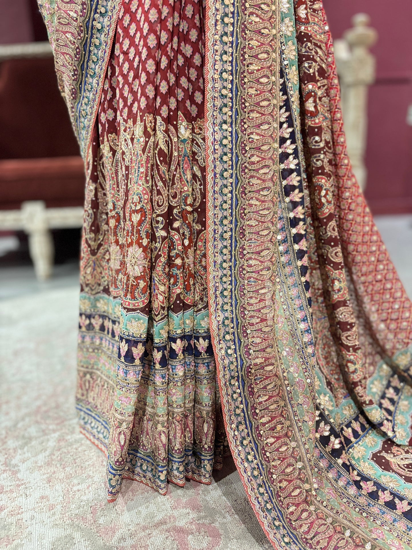Designer Multi Colour Georgette Saree with Ornate Beadwork
